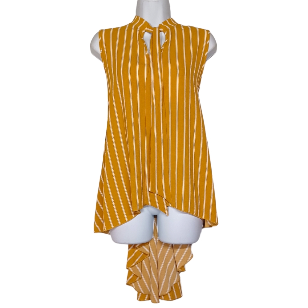 KIM & CAMI Mustard Yellow White Stripe Print Sleeveless Hi Low Ruffle Top Medium